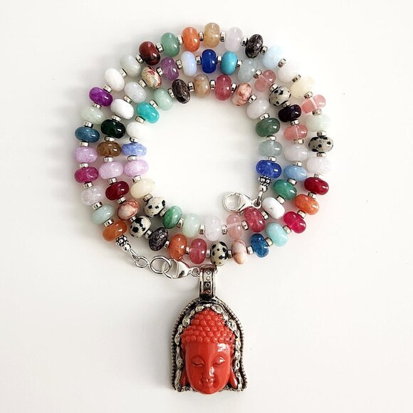 MIXED GEMSTONES & BUDDHA PENDANAT NECKLACE--22" - Picture 1 of 4
